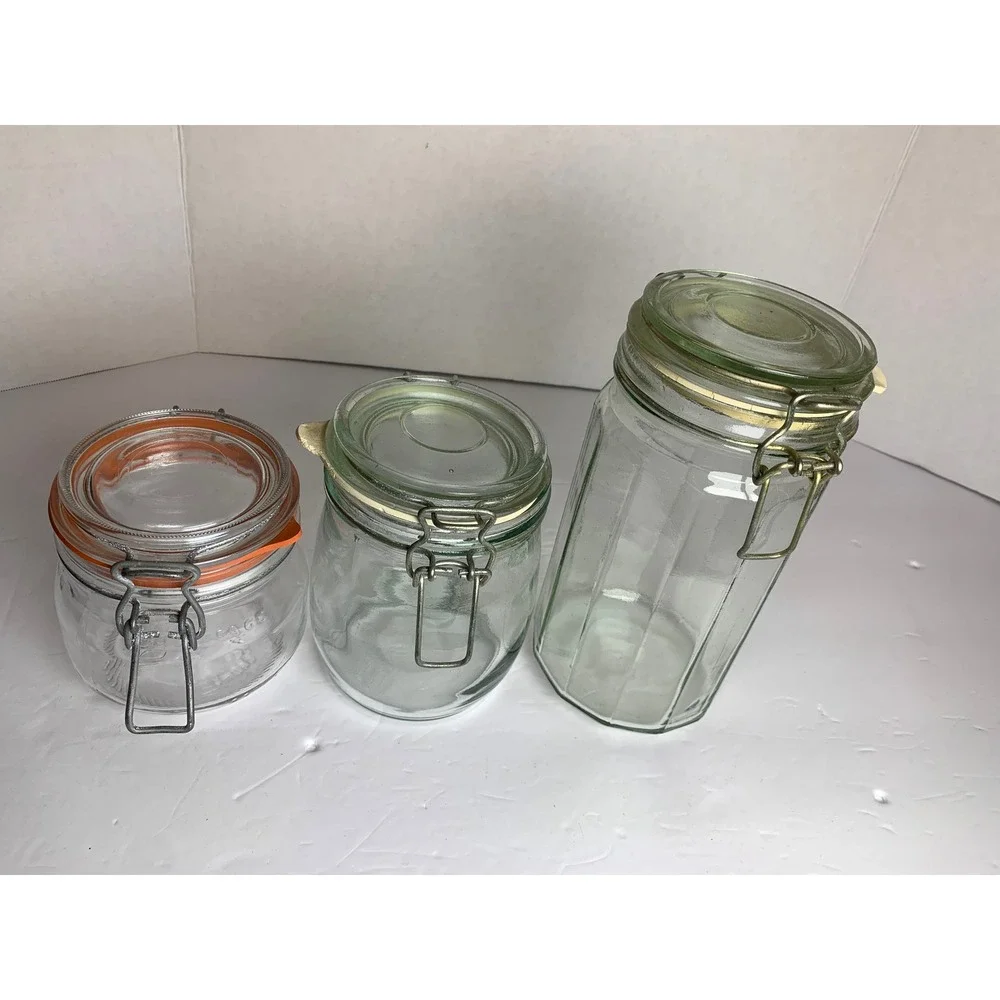Vintage Clear Glass Wire Bale Jars Swing Top Clamp Lid Canisters Mixed Lot of 3‎